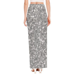 Silver (NOT Real) Glitter Print High Slit Maxi Skirt