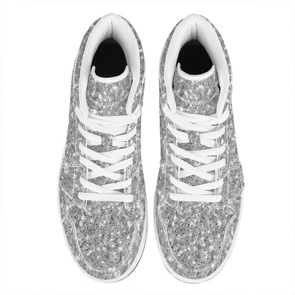 Silver (NOT Real) Glitter Print High Top Leather Sneakers