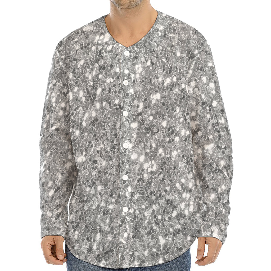 Silver (NOT Real) Glitter Print Long Sleeve Baseball Jersey