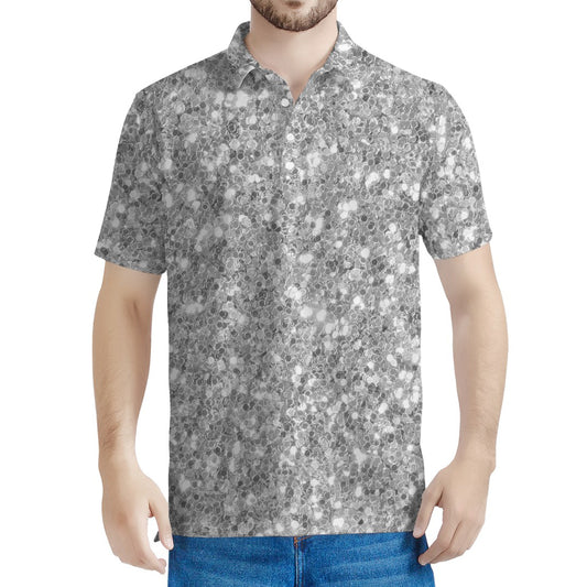 Silver (NOT Real) Glitter Print Men's Polo Shirt