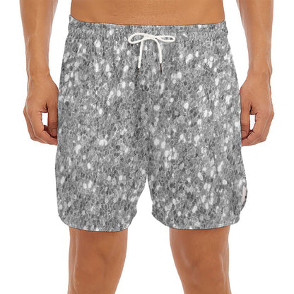 Silver (NOT Real) Glitter Print Men's Split Running Shorts