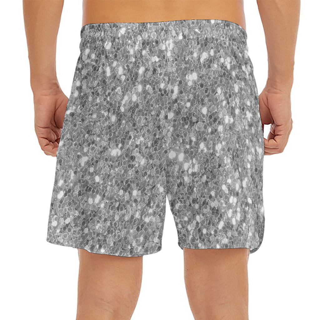 Silver (NOT Real) Glitter Print Men's Split Running Shorts