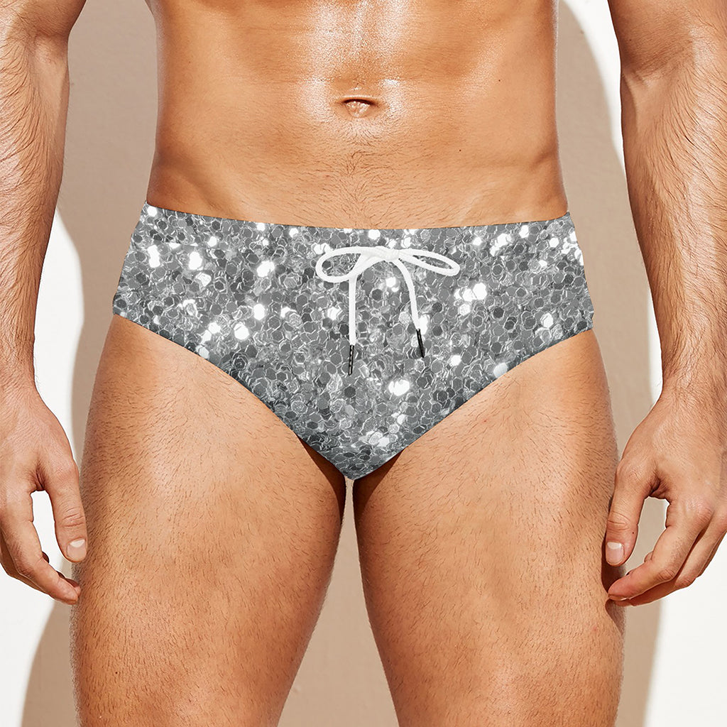 Silver (NOT Real) Glitter Print Men's Swim Briefs