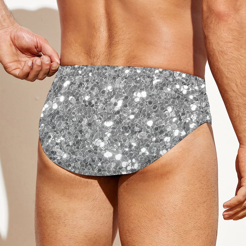 Silver (NOT Real) Glitter Print Men's Swim Briefs