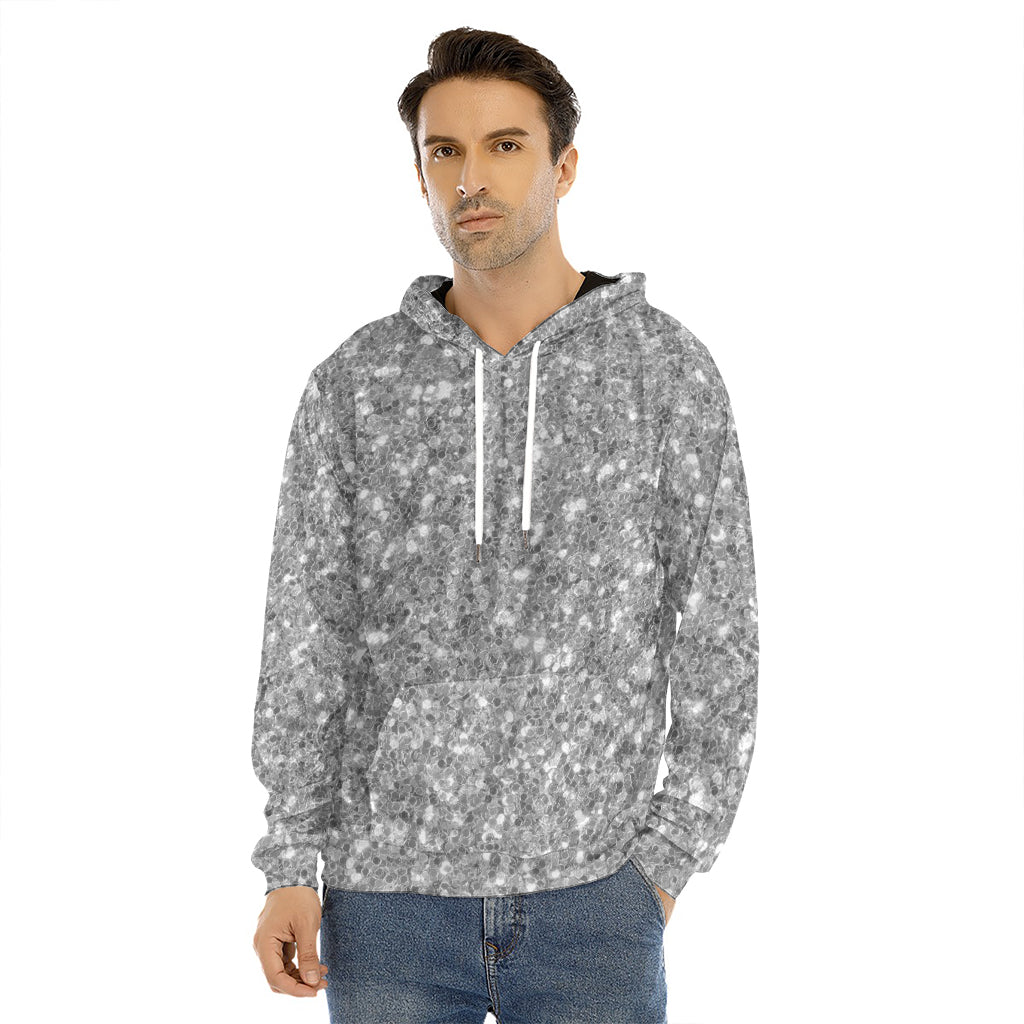 Silver (NOT Real) Glitter Print Men's Velvet Pullover Hoodie