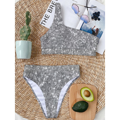 Silver (NOT Real) Glitter Print One Shoulder Bikini Top