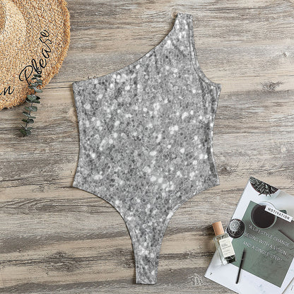 Silver (NOT Real) Glitter Print One Shoulder Bodysuit