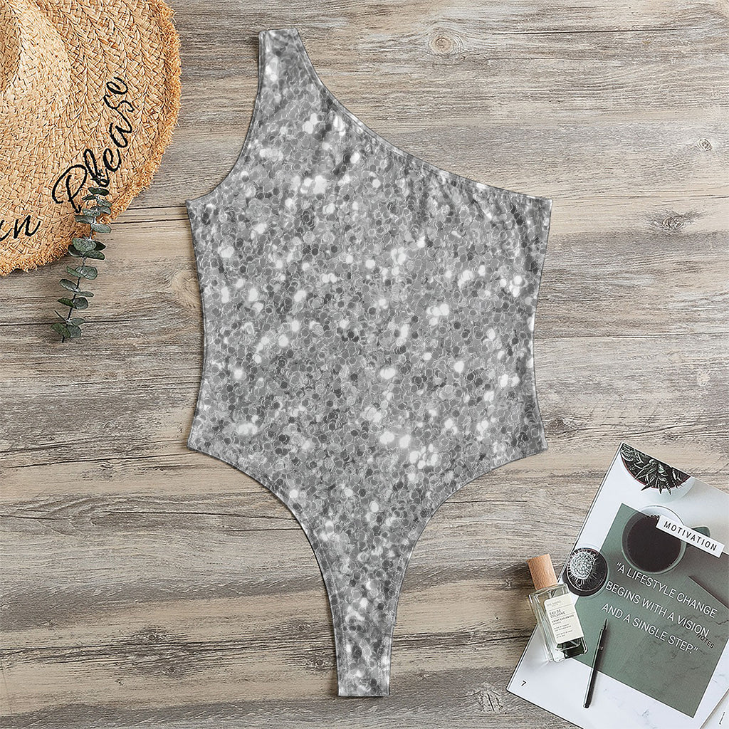 Silver (NOT Real) Glitter Print One Shoulder Bodysuit