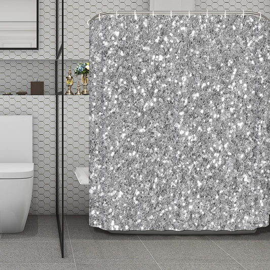 Silver (NOT Real) Glitter Print Polyester Shower Curtain
