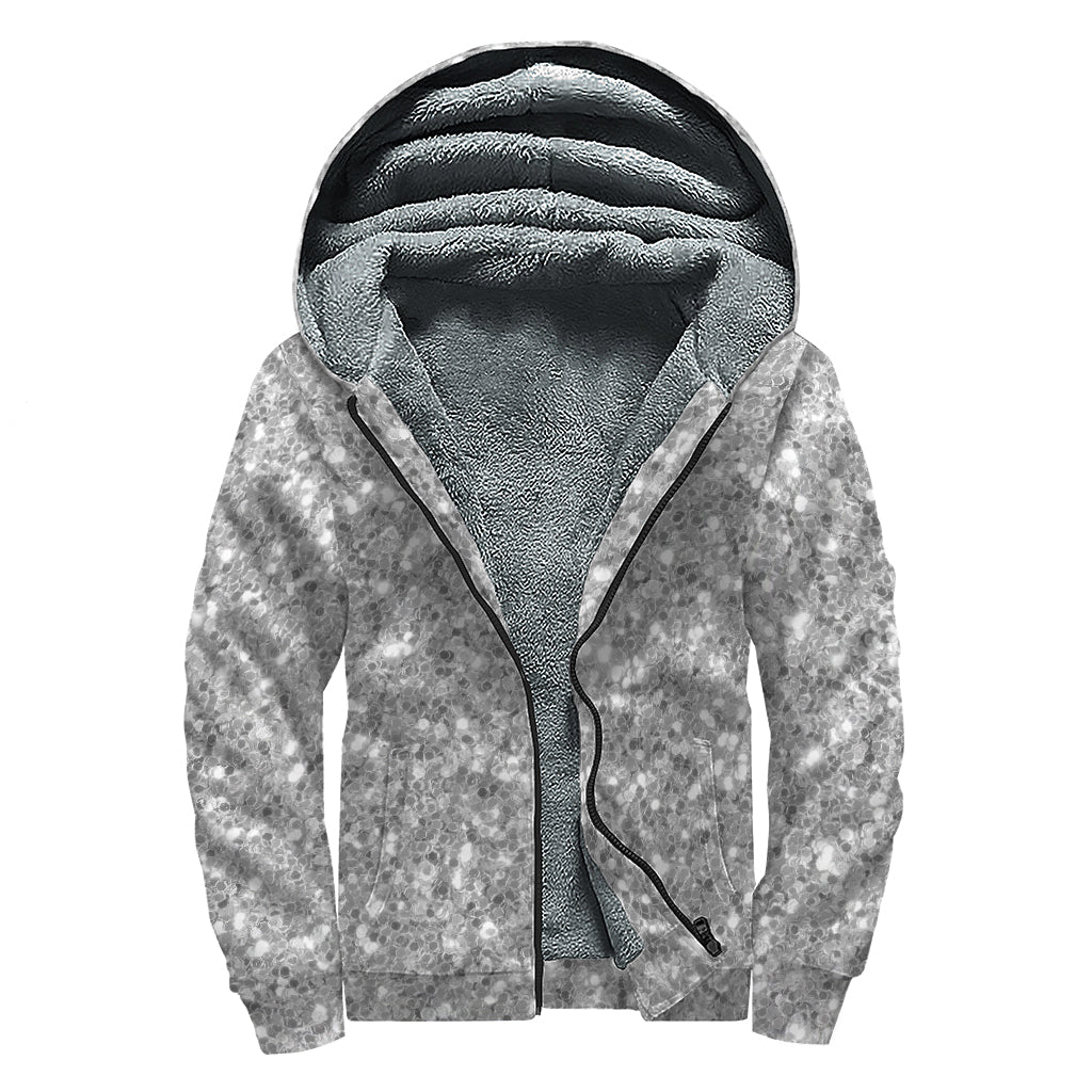 Silver (NOT Real) Glitter Print Sherpa Lined Zip Up Hoodie