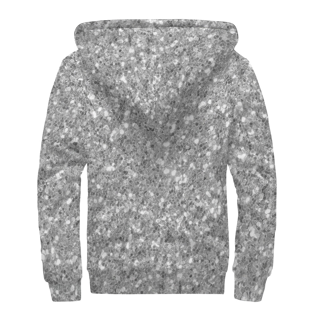 Silver (NOT Real) Glitter Print Sherpa Lined Zip Up Hoodie