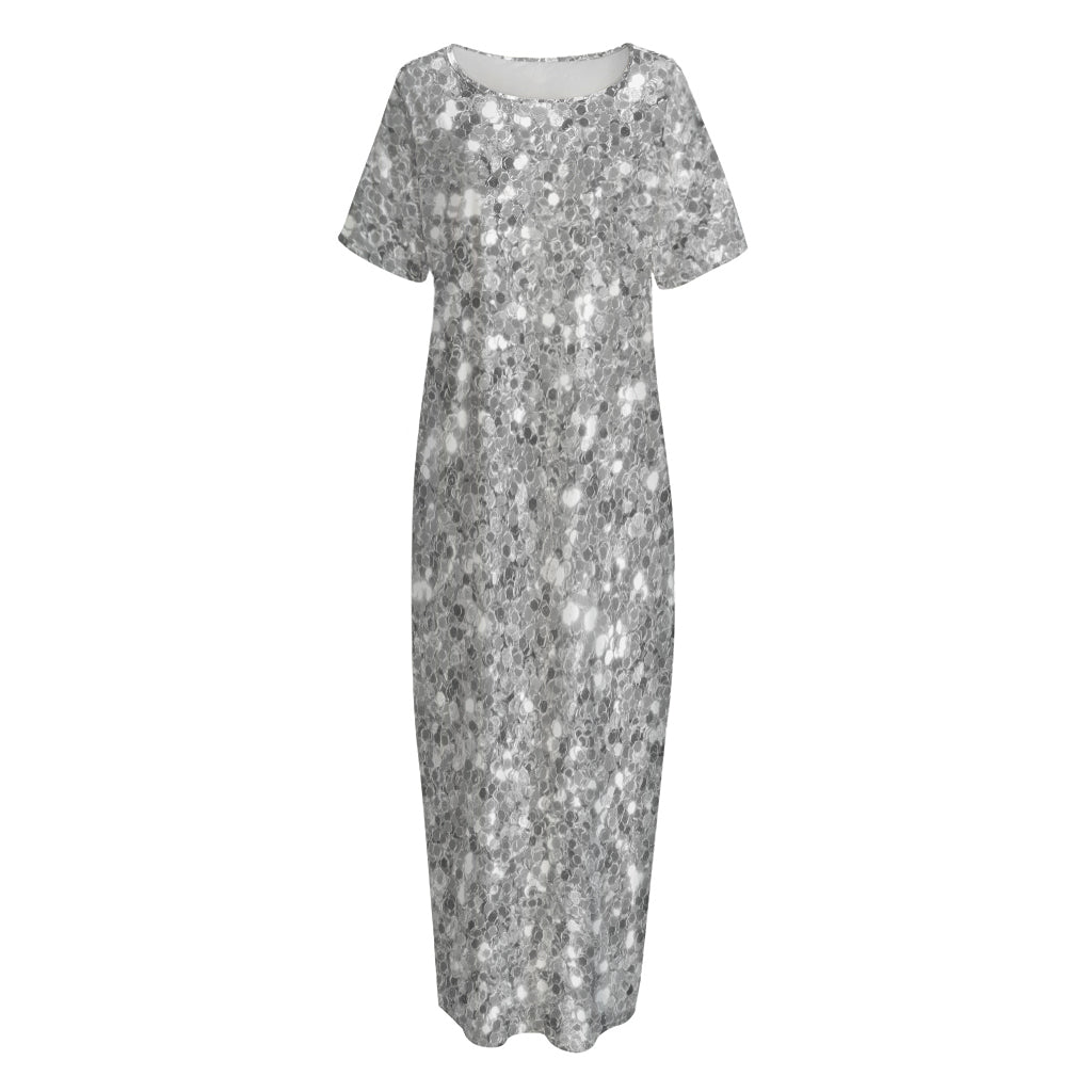 Silver (NOT Real) Glitter Print Short Sleeve Long Nightdress