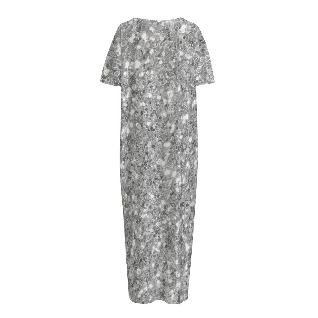 Silver (NOT Real) Glitter Print Short Sleeve Long Nightdress