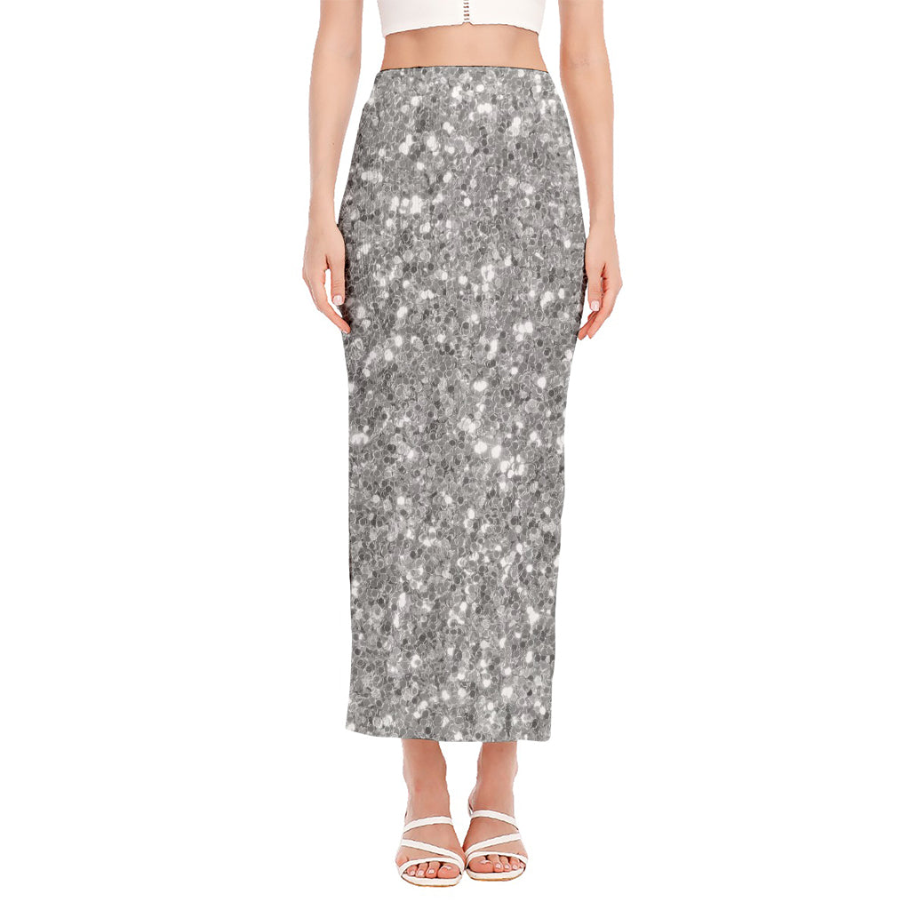 Silver (NOT Real) Glitter Print Side Slit Maxi Skirt