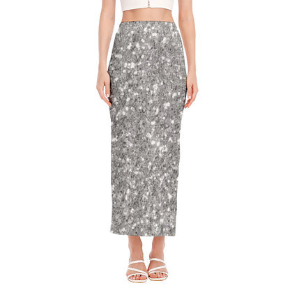 Silver (NOT Real) Glitter Print Side Slit Maxi Skirt