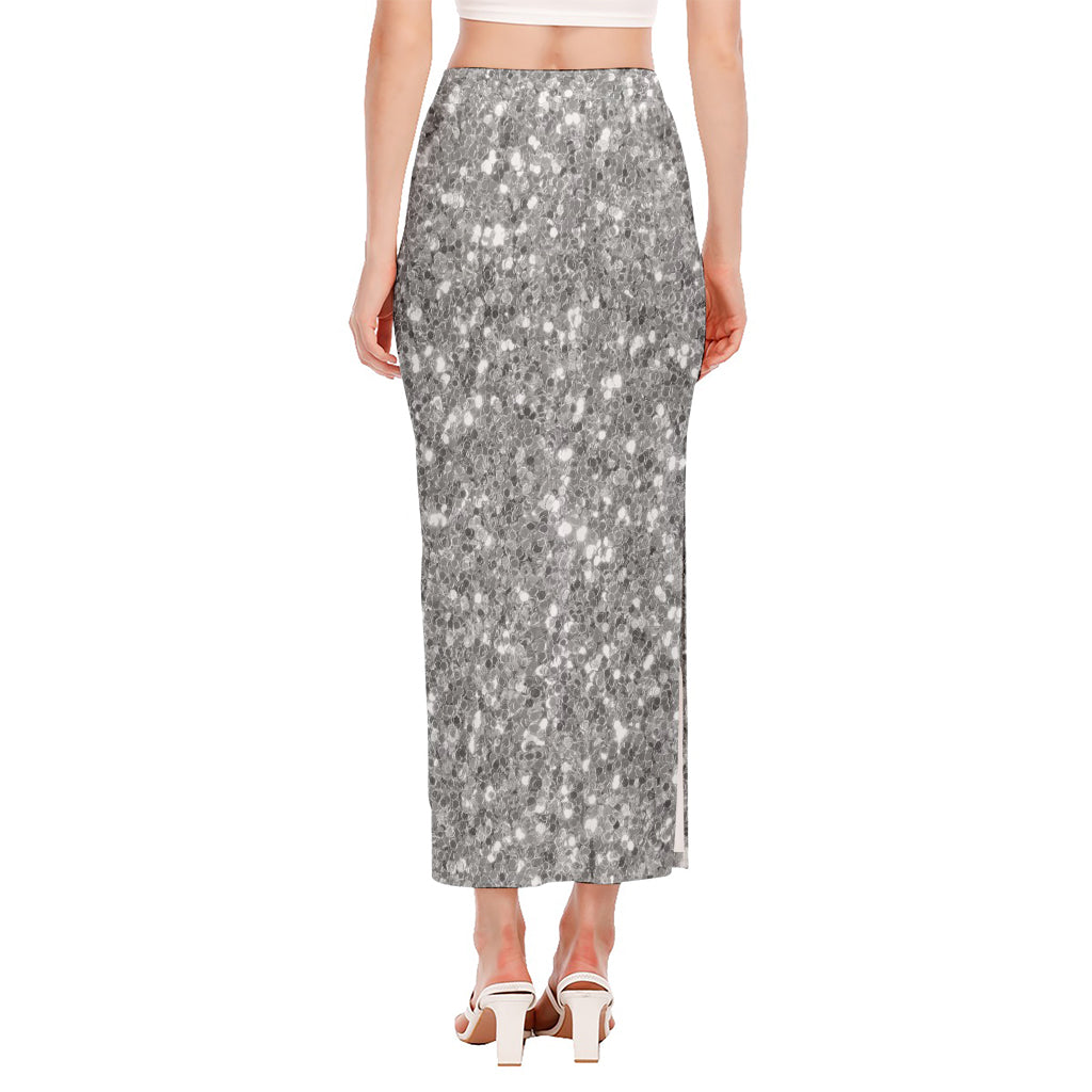 Silver (NOT Real) Glitter Print Side Slit Maxi Skirt