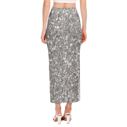 Silver (NOT Real) Glitter Print Side Slit Maxi Skirt