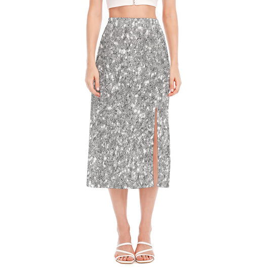 Silver (NOT Real) Glitter Print Side Slit Midi Skirt