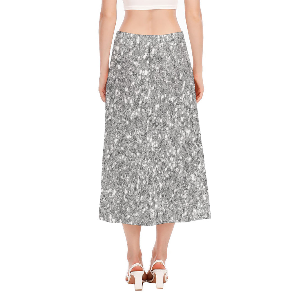 Silver (NOT Real) Glitter Print Side Slit Midi Skirt