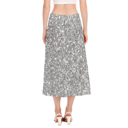 Silver (NOT Real) Glitter Print Side Slit Midi Skirt
