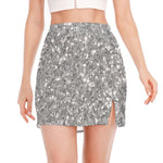 Silver (NOT Real) Glitter Print Side Slit Mini Skirt
