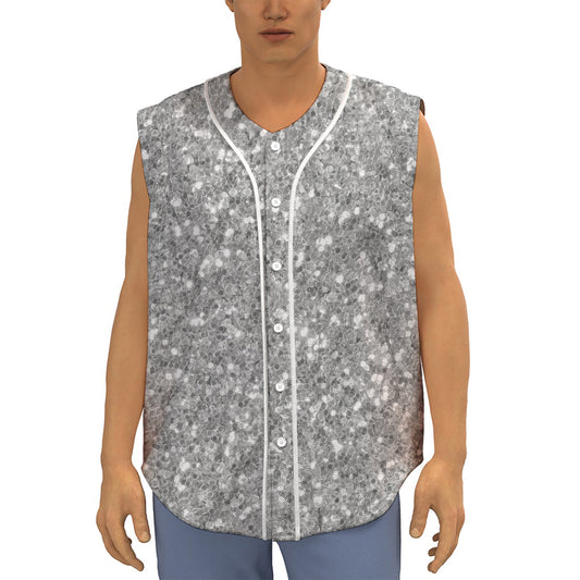Silver (NOT Real) Glitter Print Sleeveless Baseball Jersey
