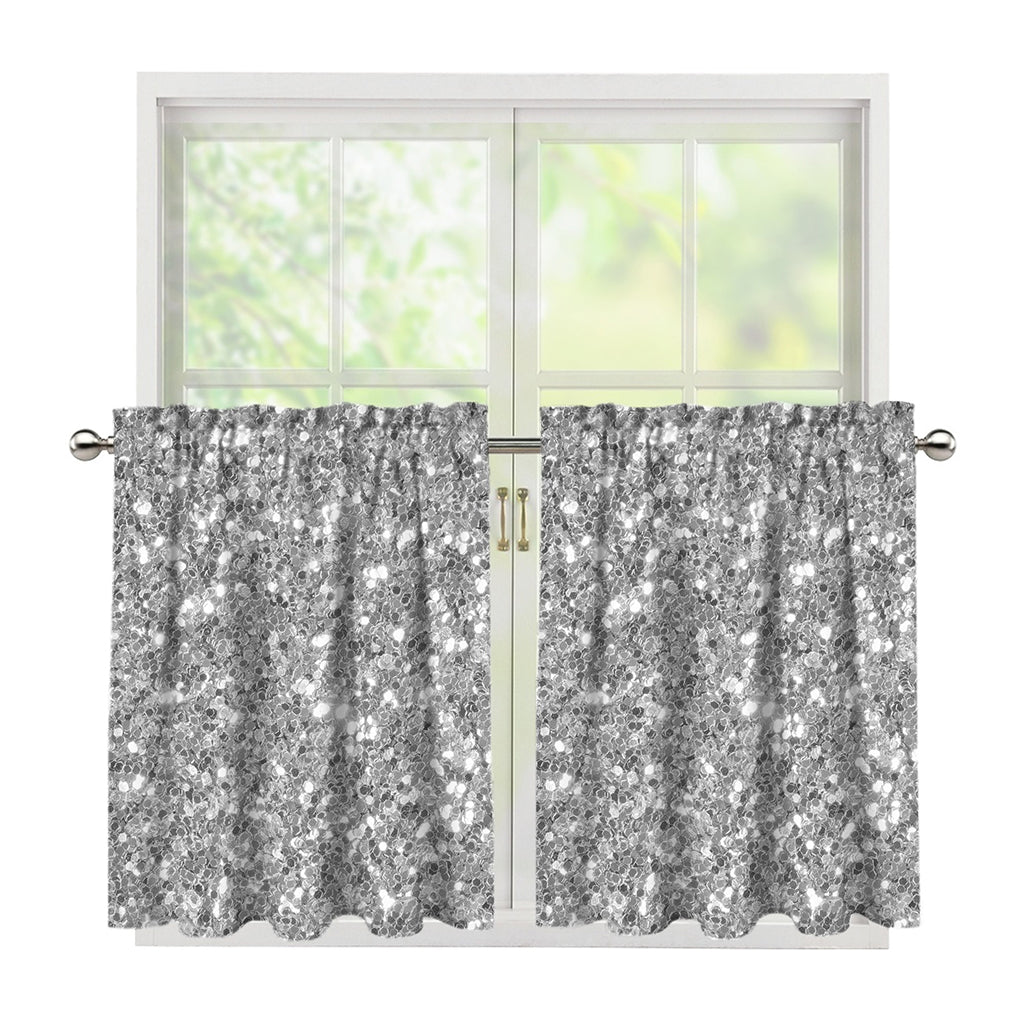 Silver (NOT Real) Glitter Print Tier Curtains