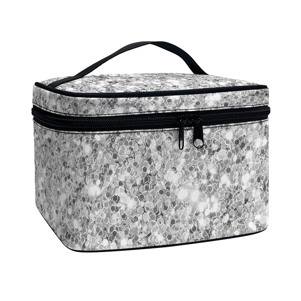 Silver (NOT Real) Glitter Print Travel Makeup Bag