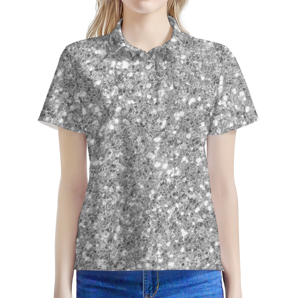Silver (NOT Real) Glitter Print Women's Polo Shirt