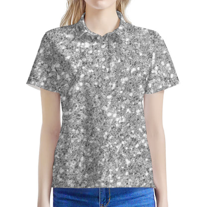 Silver (NOT Real) Glitter Print Women's Polo Shirt