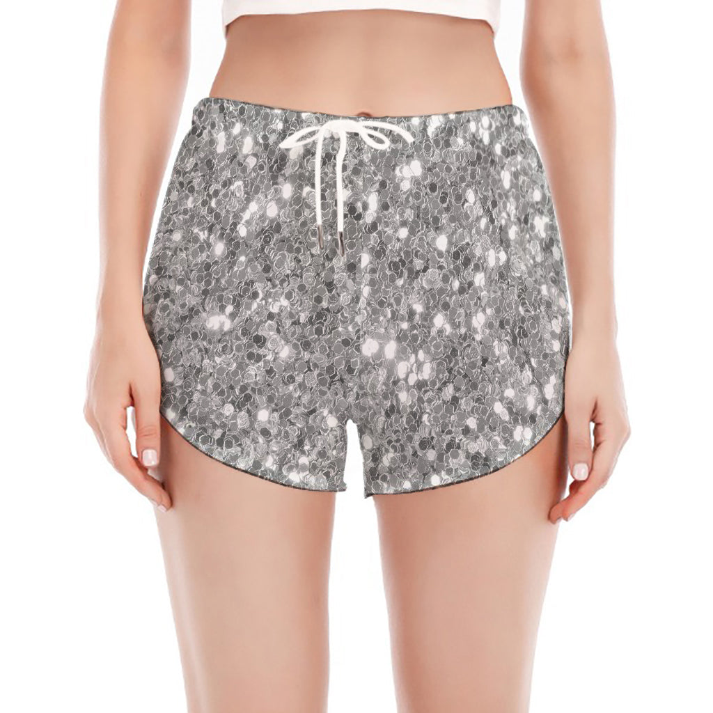 Silver (NOT Real) Glitter Print Women's Split Running Shorts