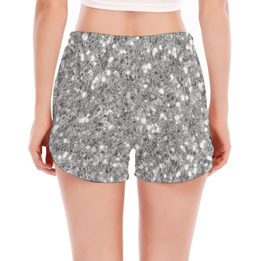 Silver (NOT Real) Glitter Print Women's Split Running Shorts