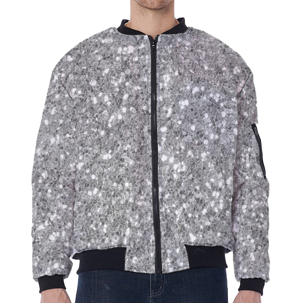 Silver (NOT Real) Glitter Print Zip Sleeve Bomber Jacket