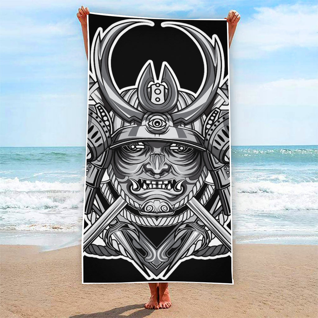 Silver Samurai Mask Print Beach Towel