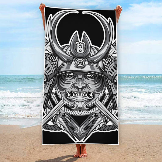 Silver Samurai Mask Print Beach Towel