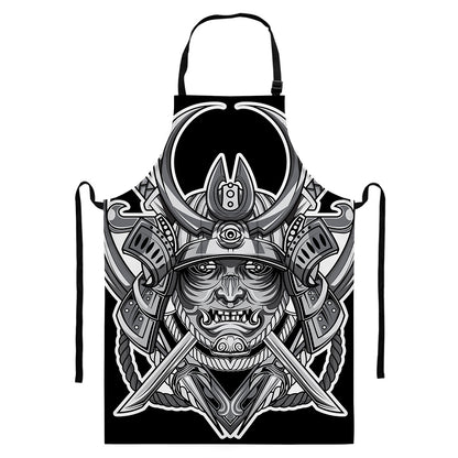 Silver Samurai Mask Print Bib Apron With Pocket