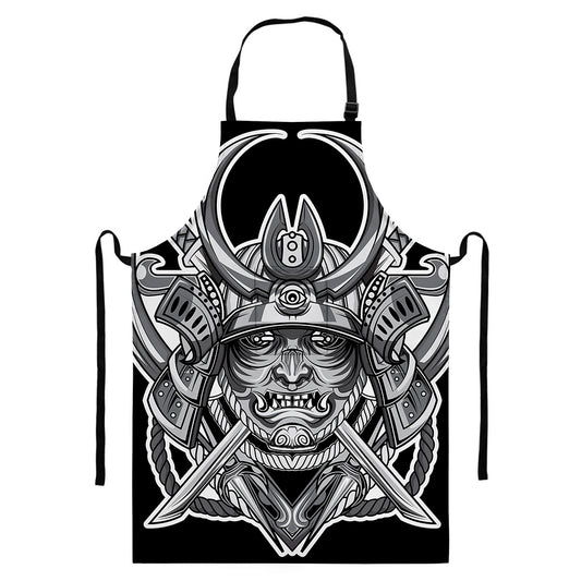 Silver Samurai Mask Print Bib Apron With Pocket