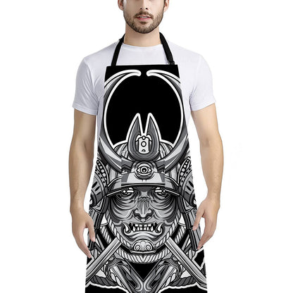 Silver Samurai Mask Print Bib Apron With Pocket