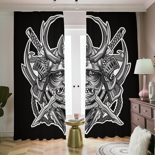 Silver Samurai Mask Print Blackout Pencil Pleat Curtains
