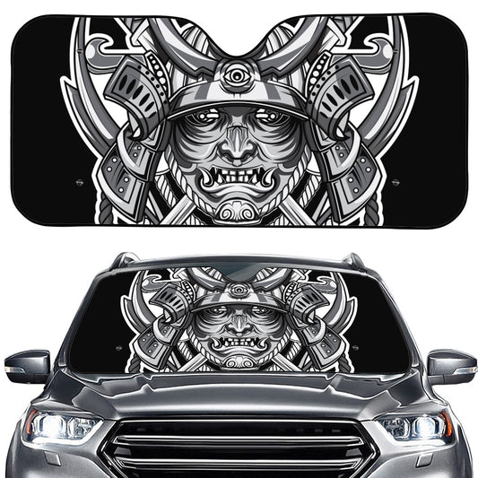 Silver Samurai Mask Print Car Windshield Sun Shade