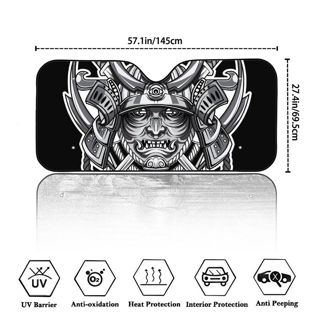 Silver Samurai Mask Print Car Windshield Sun Shade