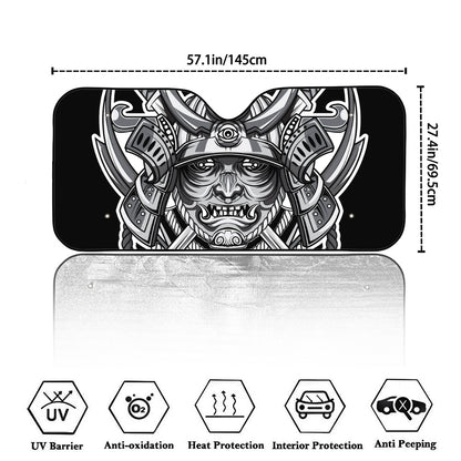 Silver Samurai Mask Print Car Windshield Sun Shade