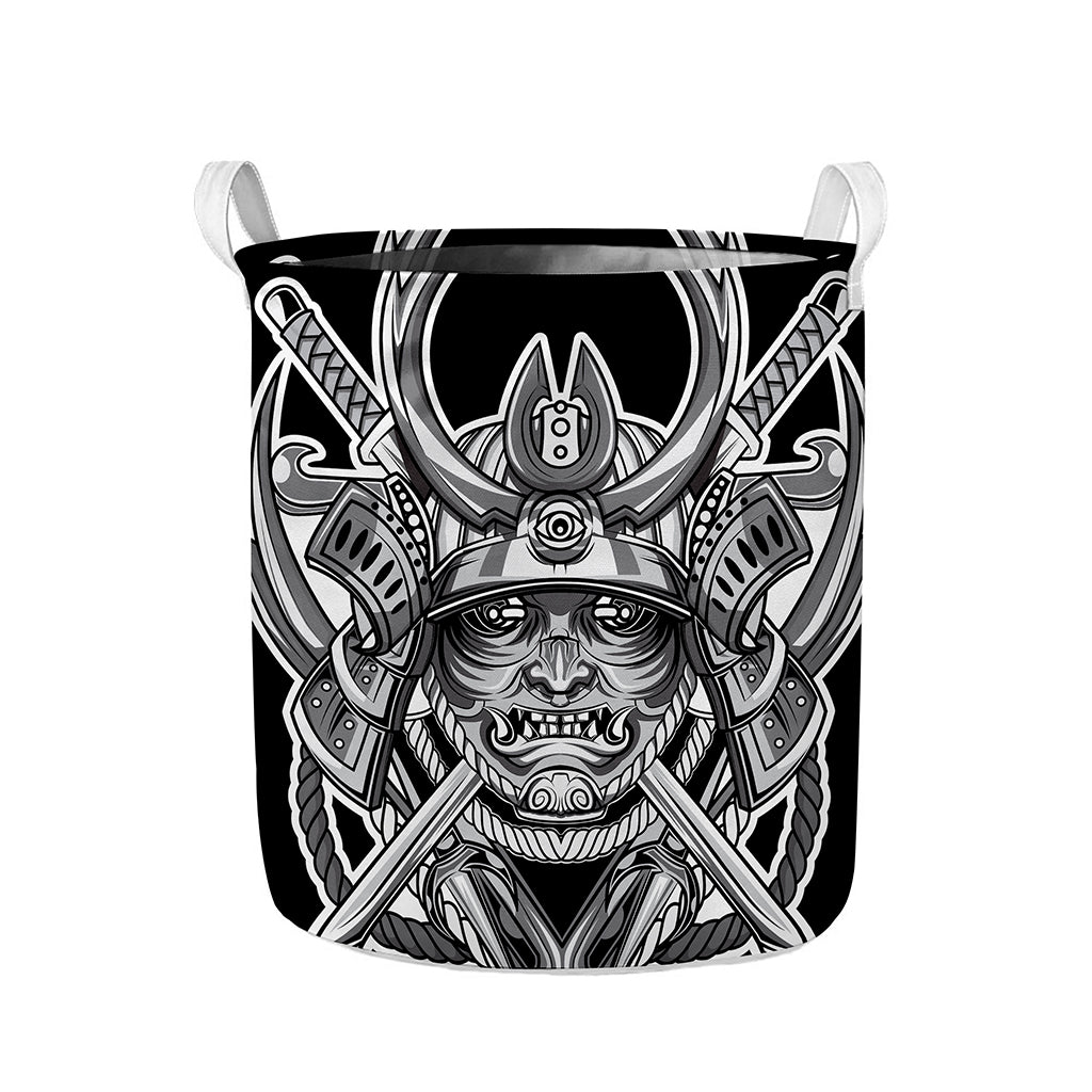 Silver Samurai Mask Print Collapsible Laundry Basket