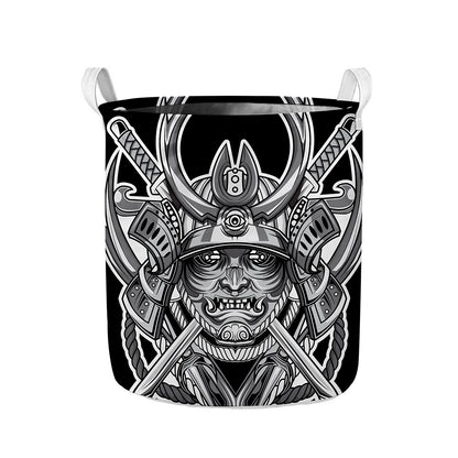 Silver Samurai Mask Print Collapsible Laundry Basket