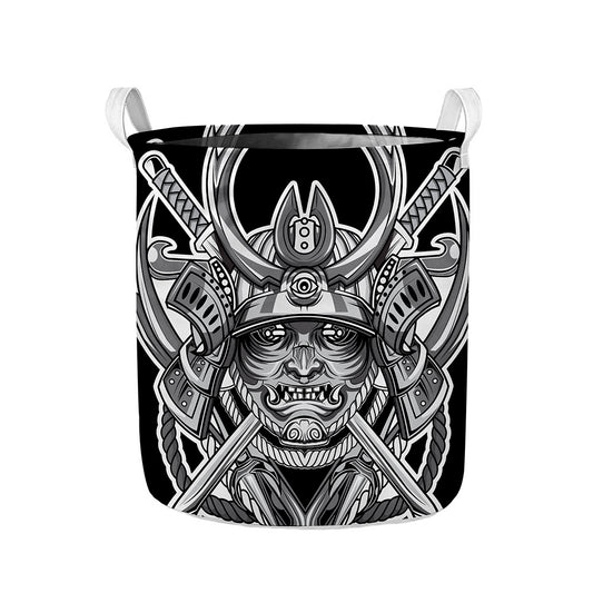Silver Samurai Mask Print Collapsible Laundry Basket