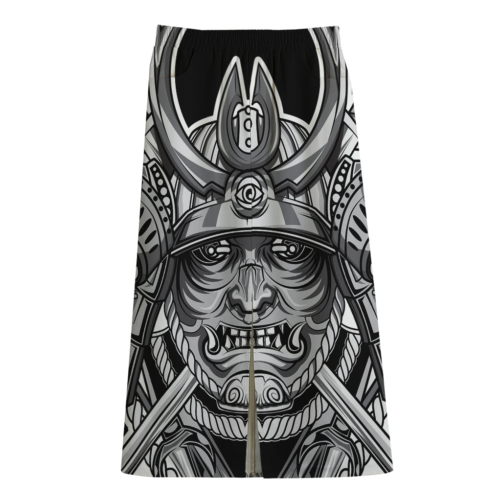 Silver Samurai Mask Print Cotton Front Slit Maxi Skirt