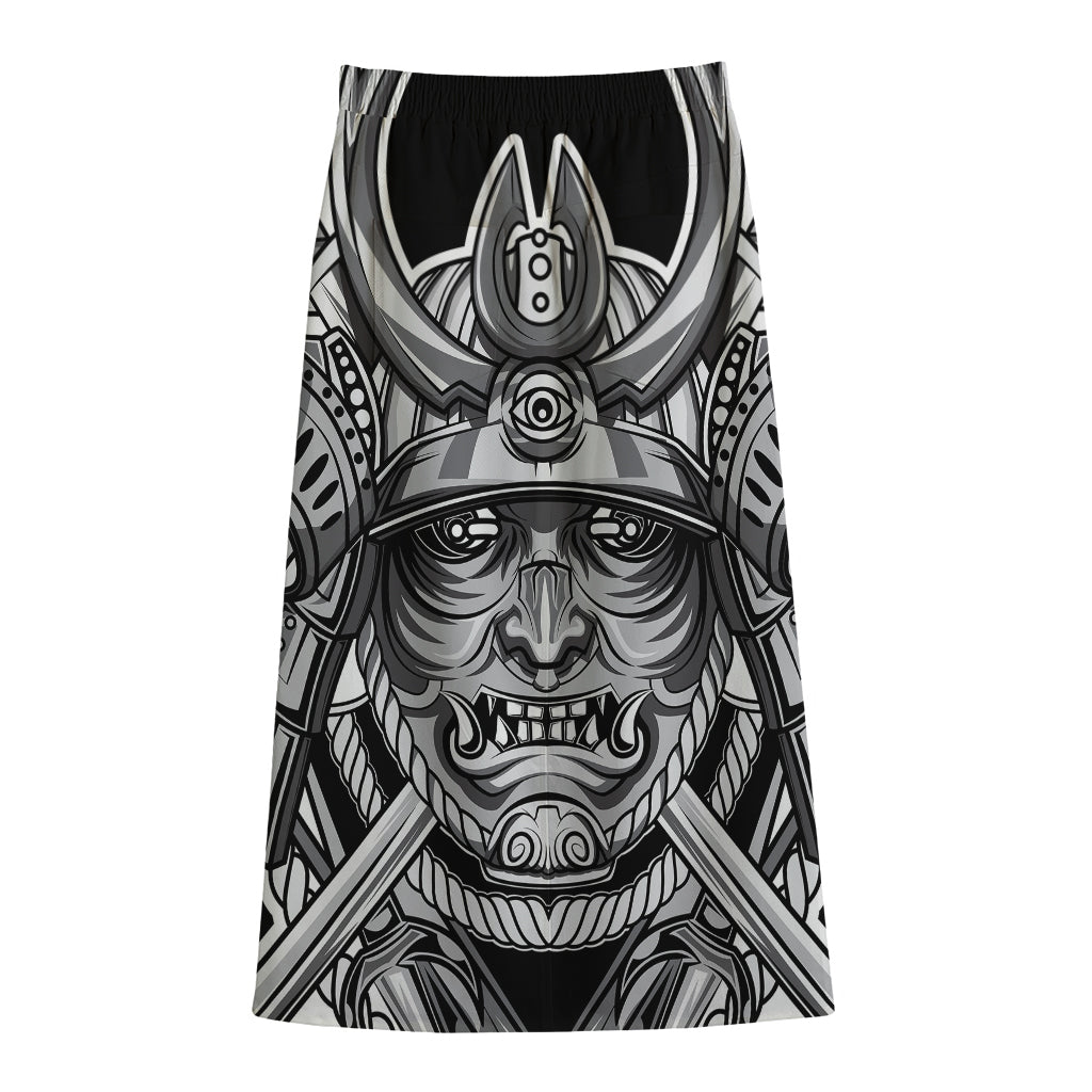 Silver Samurai Mask Print Cotton Front Slit Maxi Skirt