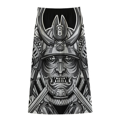 Silver Samurai Mask Print Cotton Front Slit Maxi Skirt