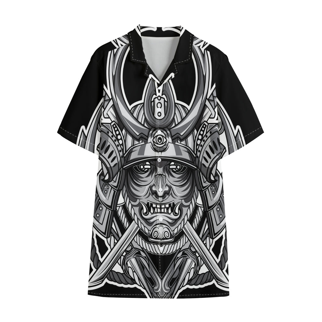 Silver Samurai Mask Print Cotton Hawaiian Shirt