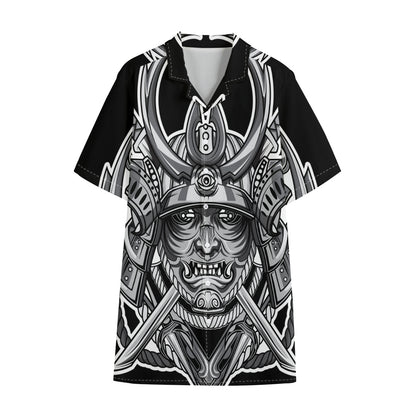 Silver Samurai Mask Print Cotton Hawaiian Shirt